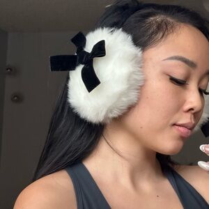 White Furry Earmuffs with Black Bow